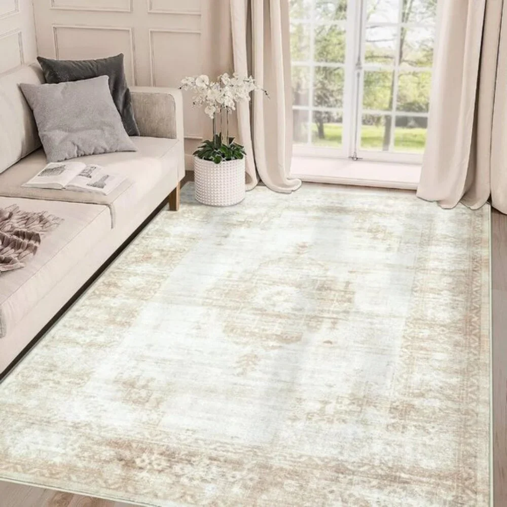 New 5x7 Beige Vintage Area Rug, Washable Boho Non-Slip Carpet for Living Room